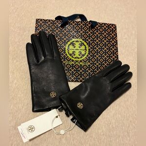 *Tory Burch Black Leather Gloves with Gold Accents*